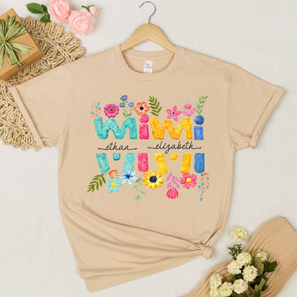 Personalized Mimi Shirt Custom Grandkids Names Floral Letter Graphic Tee Women Family Love Colorful Spring Casual Outfit Top