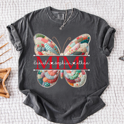 Custom Mimi T Shirt with Butterfly Patchwork Graphic, Personalized Family Names Tee