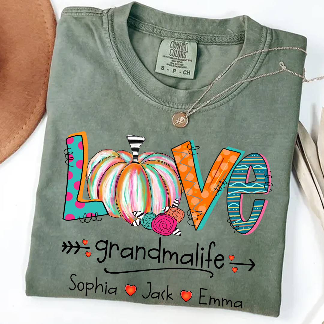 Comfort Colors® Grandma Life Pumpkin Shirt with Grandkids Names – Fall Personalized Gift for Nana, Gigi