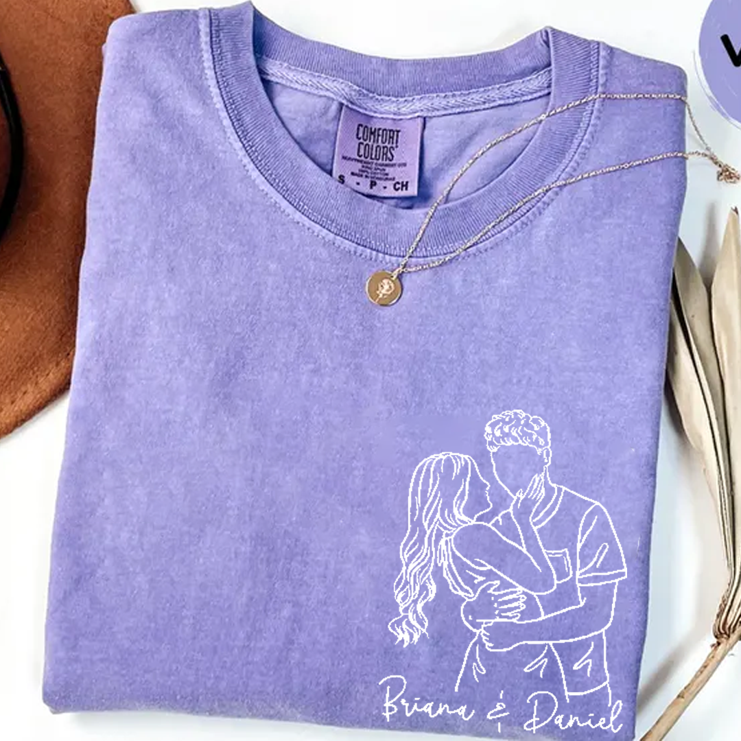 Custom Couple Line Art Comfort Colors Shirt, Personalized Photo Outline Portrait T Shirt, Matching Couple Shirt, Minimal Drawing Love Design