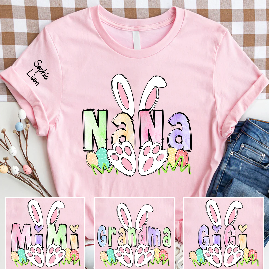 Personalized Nana Easter Shirt with Bunny Ears and Paw Print Design, Custom Grandma Name T Shirt, Spring Family Outfit, Cute Pastel Graphic Top for Mom and Grandma