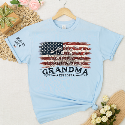 Personalized Grandma Est 2025 Shirt, Custom Nana Mimi Gigi Grandma Tee With Kids Names On Sleeve, Patriotic Floral American Flag Shirt Family Grandkids Gift U.S. 250th Anniversary Apparel