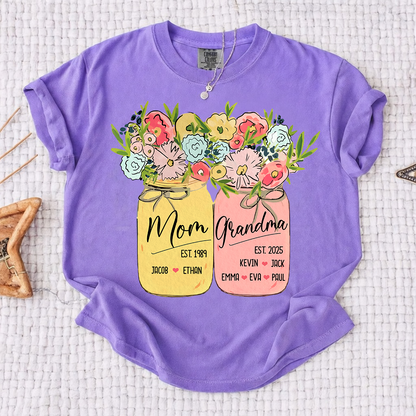 Personalized Mom Grandma Shirt Birth Flower Mason Jar Design Custom Nana Mimi Gigi Name Tee with Kids Names Meaningful Family Keepsake Gift for Women