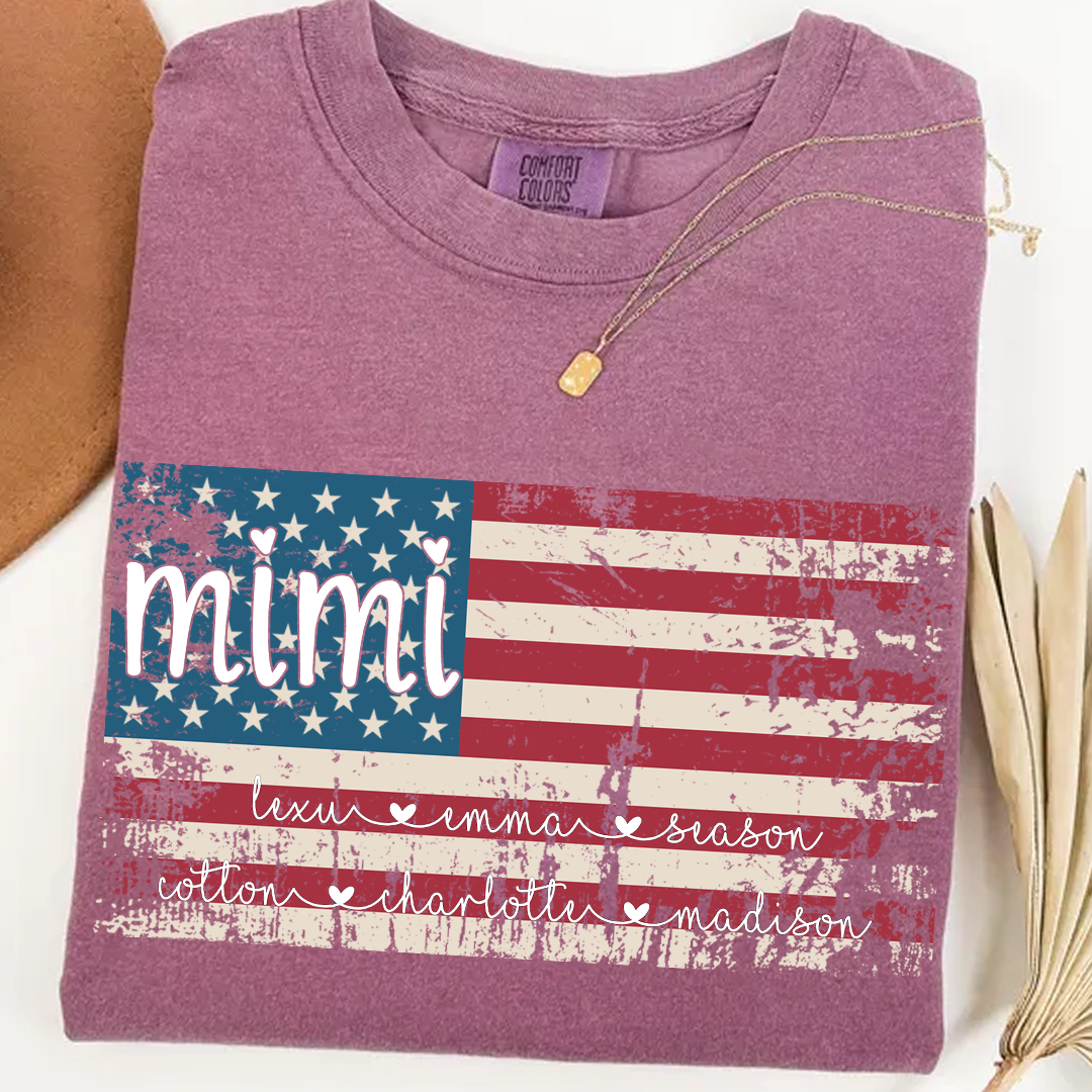 Comfort Colors Personalized Mimi American Flag Shirt With Grandkids Names, Custom Patriotic Mimi Shirt for Family, Meaningful USA Flag Design Apparel for Women and Grandma