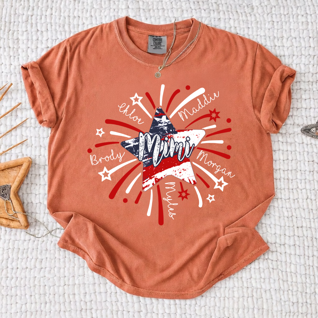 Personalized MIMI Fireworks America Flag Shirt – Custom Grandma Tee with Grandkids Names