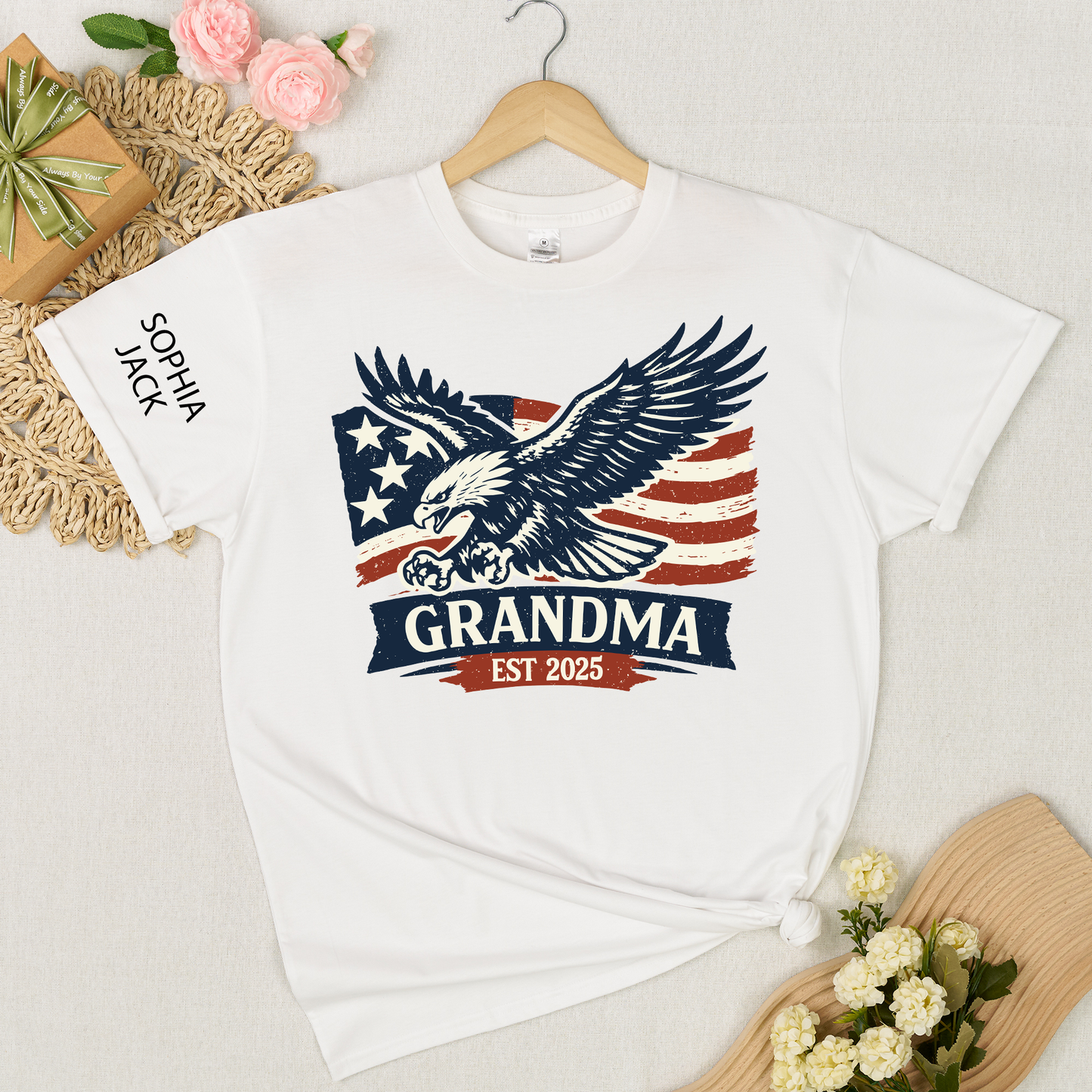 Personalized Grandma Shirt Patriotic Eagle and American Flag Design Custom Mimi Nana Gigi Name Tee EST. 2025 Family Gift for Her