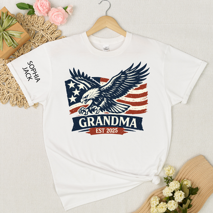 Personalized Grandma Shirt Patriotic Eagle and American Flag Design Custom Mimi Nana Gigi Name Tee EST. 2025 Family Gift for Her