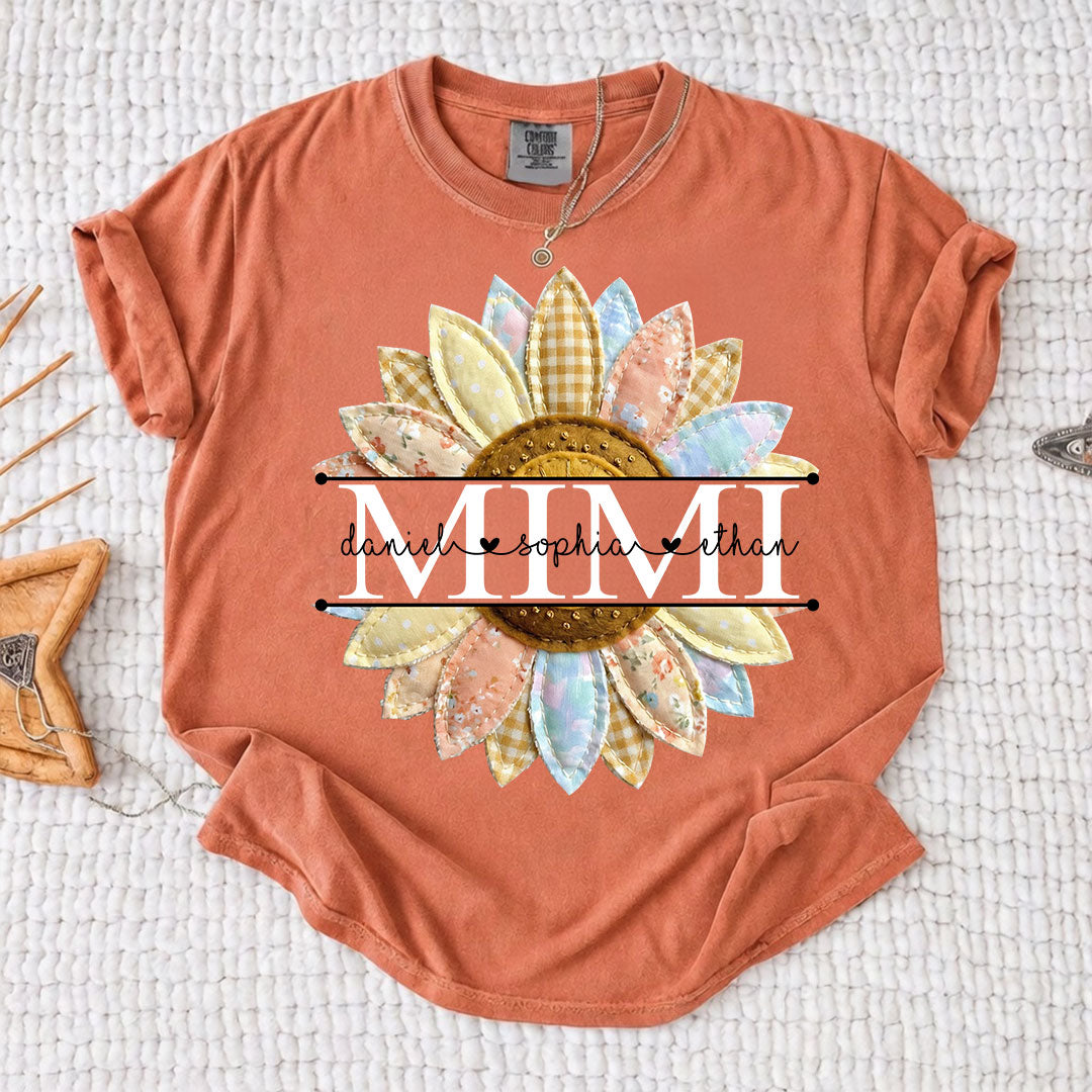 Comfort Colors Personalized Mimi Sunflower Patchwork Shirt Custom Grandma Nickname Tee With Grandkids Names Nana Gigi Grandma Floral Sunflower Design Family Gift Mothers Day Grandma Apparel