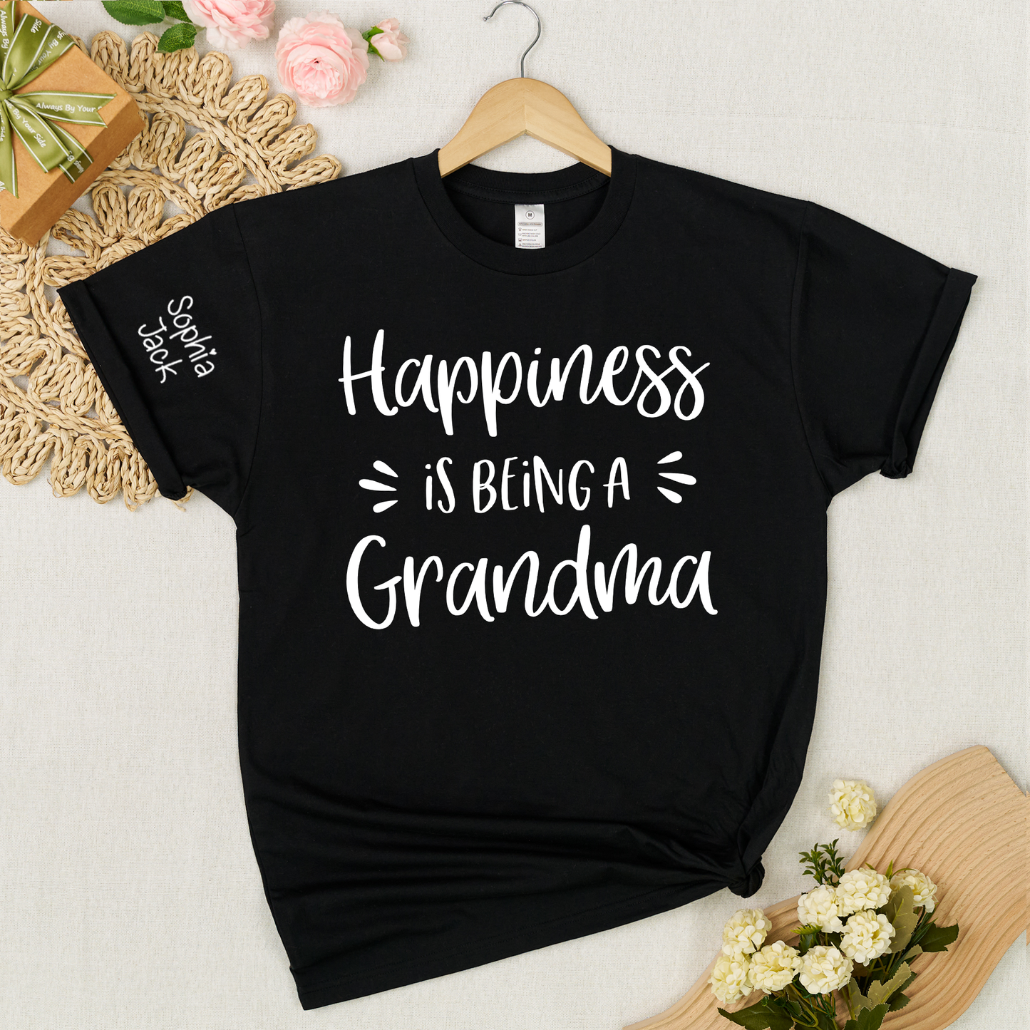 Happiness Is Being a Grandma Shirt Graphic Tee Personalized Sleeve Names Custom Grandma T Shirt Cute Family Gift for Grandma Birthday or Mother’s Day