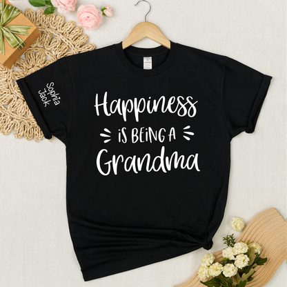 Happiness Is Being a Grandma Shirt Graphic Tee Personalized Sleeve Names Custom Grandma T Shirt Cute Family Gift for Grandma Birthday or Mother’s Day