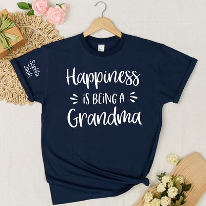 Happiness Is Being a Grandma Shirt Graphic Tee Personalized Sleeve Names Custom Grandma T Shirt Cute Family Gift for Grandma Birthday or Mother’s Day