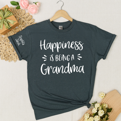 Happiness Is Being a Grandma Shirt Graphic Tee Personalized Sleeve Names Custom Grandma T Shirt Cute Family Gift for Grandma Birthday or Mother’s Day