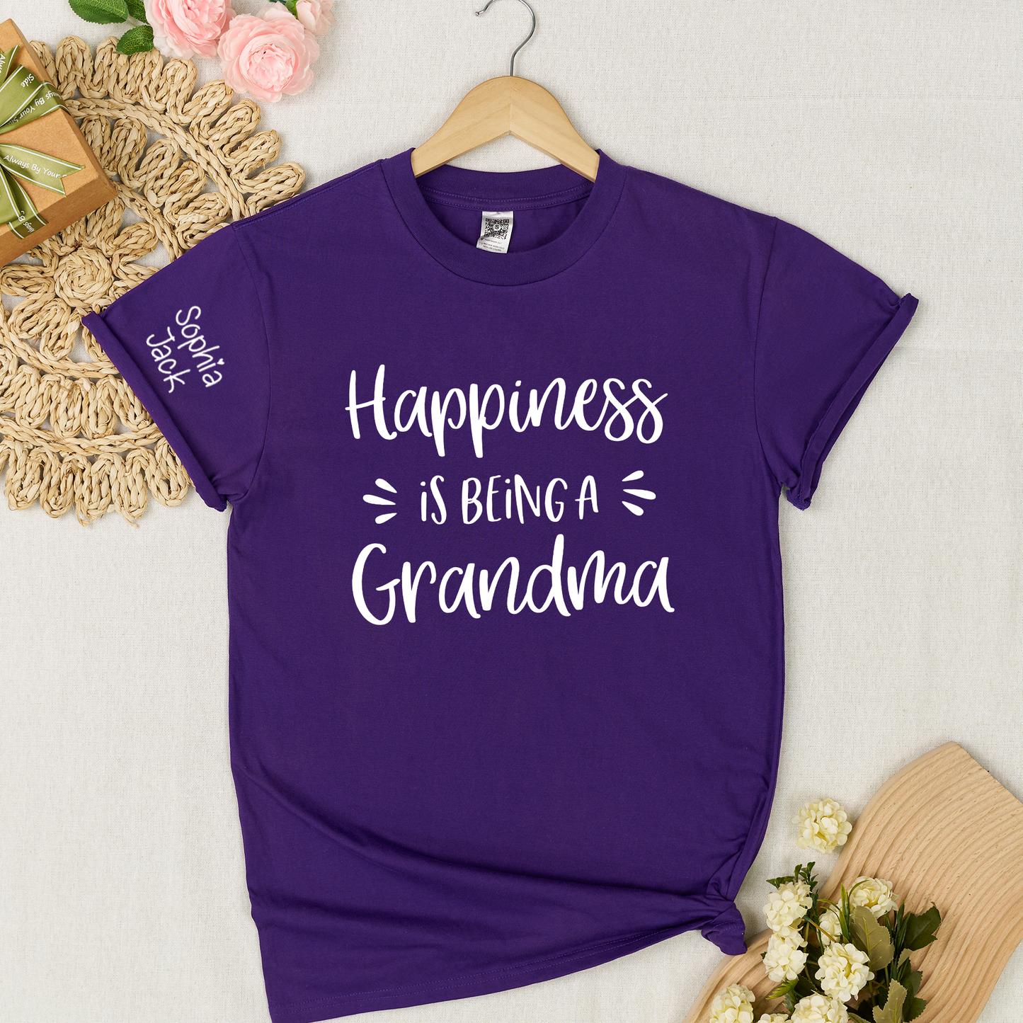 Happiness Is Being a Grandma Shirt Graphic Tee Personalized Sleeve Names Custom Grandma T Shirt Cute Family Gift for Grandma Birthday or Mother’s Day