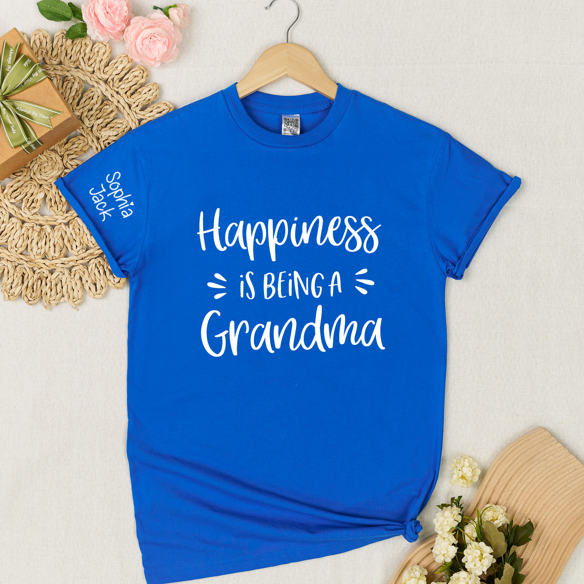 Happiness Is Being a Grandma Shirt Graphic Tee Personalized Sleeve Names Custom Grandma T Shirt Cute Family Gift for Grandma Birthday or Mother’s Day
