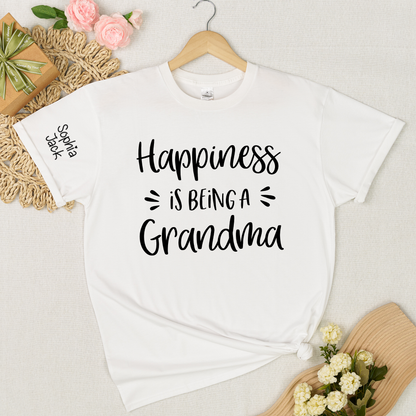 Happiness Is Being a Grandma Shirt Graphic Tee Personalized Sleeve Names Custom Grandma T Shirt Cute Family Gift for Grandma Birthday or Mother’s Day