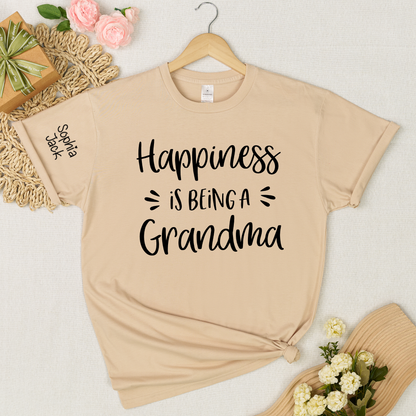 Happiness Is Being a Grandma Shirt Graphic Tee Personalized Sleeve Names Custom Grandma T Shirt Cute Family Gift for Grandma Birthday or Mother’s Day