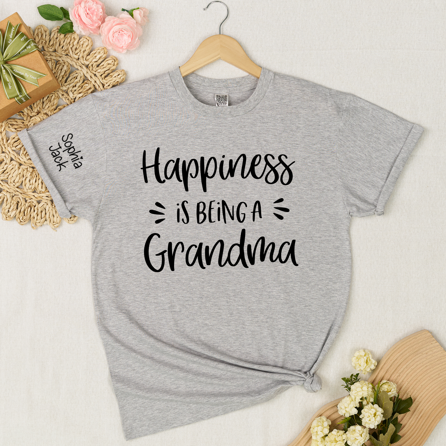 Happiness Is Being a Grandma Shirt Graphic Tee Personalized Sleeve Names Custom Grandma T Shirt Cute Family Gift for Grandma Birthday or Mother’s Day