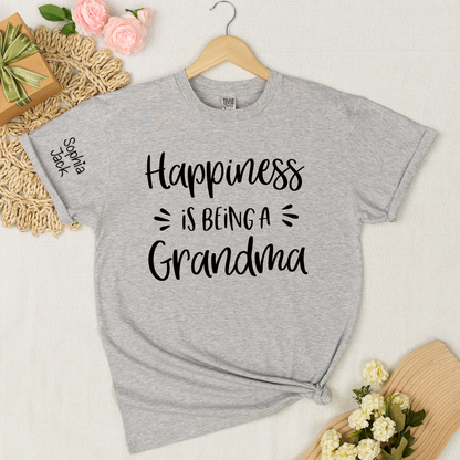 Happiness Is Being a Grandma Shirt Graphic Tee Personalized Sleeve Names Custom Grandma T Shirt Cute Family Gift for Grandma Birthday or Mother’s Day