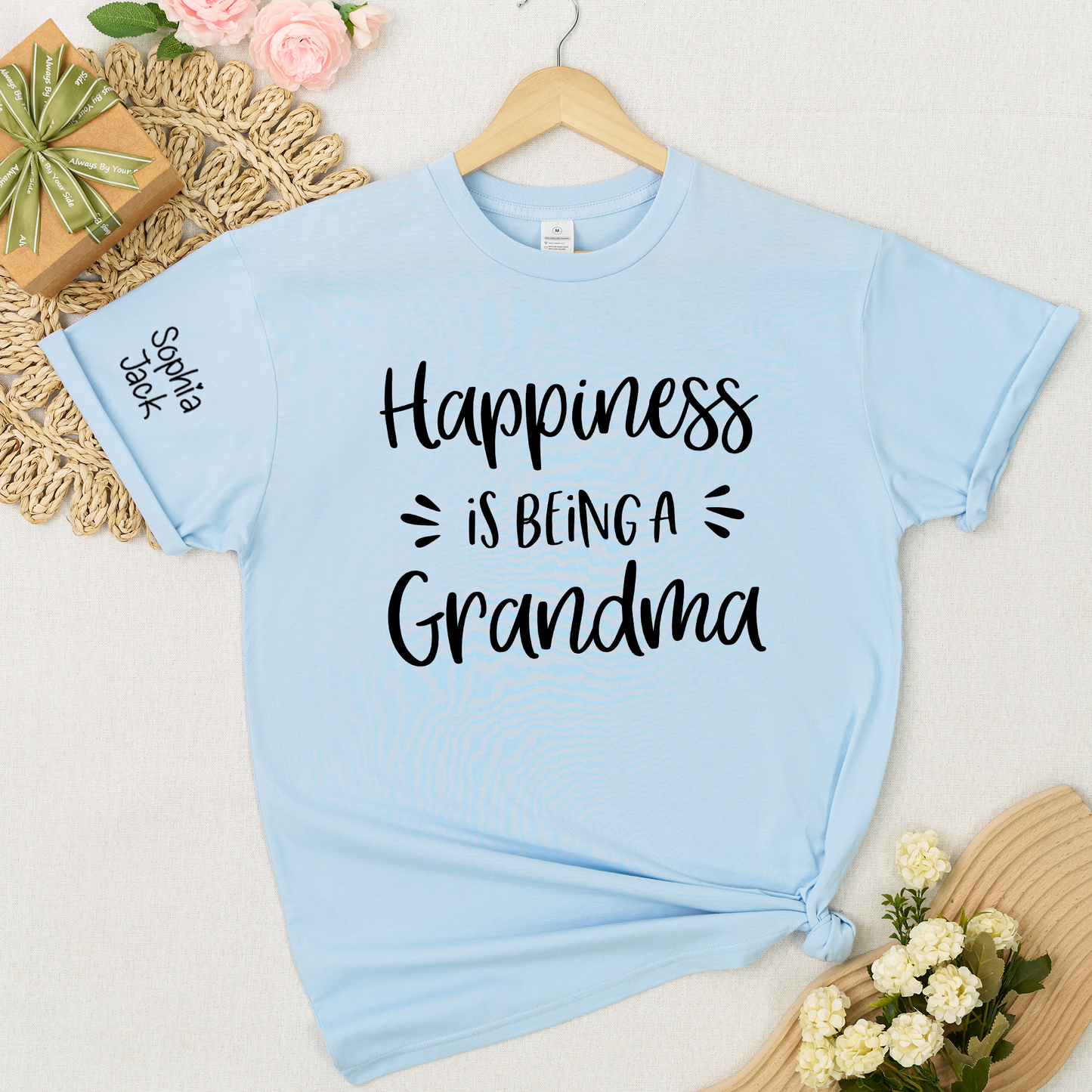Happiness Is Being a Grandma Shirt Graphic Tee Personalized Sleeve Names Custom Grandma T Shirt Cute Family Gift for Grandma Birthday or Mother’s Day