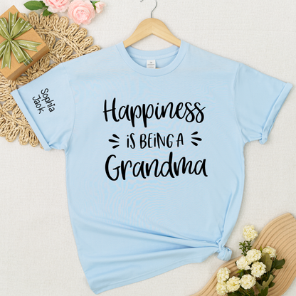 Happiness Is Being a Grandma Shirt Graphic Tee Personalized Sleeve Names Custom Grandma T Shirt Cute Family Gift for Grandma Birthday or Mother’s Day