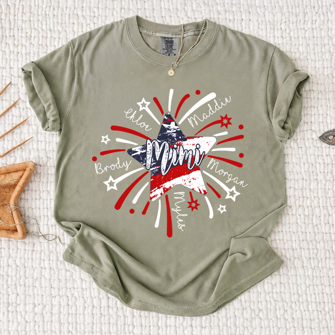 Personalized MIMI Fireworks America Flag Shirt – Custom Grandma Tee with Grandkids Names
