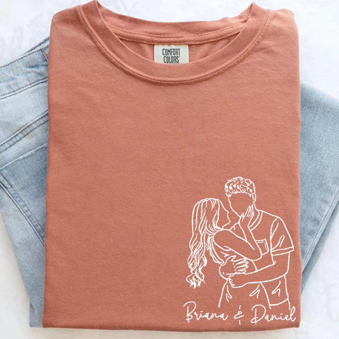 Custom Couple Line Art Comfort Colors Shirt, Personalized Photo Outline Portrait T Shirt, Matching Couple Shirt, Minimal Drawing Love Design