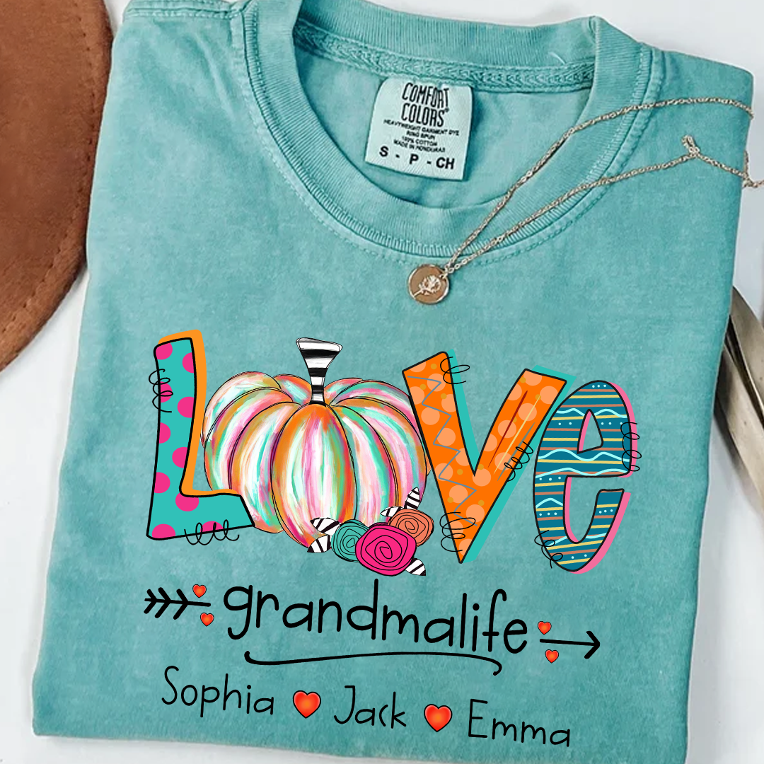 Comfort Colors® Grandma Life Pumpkin Shirt with Grandkids Names – Fall Personalized Gift for Nana, Gigi