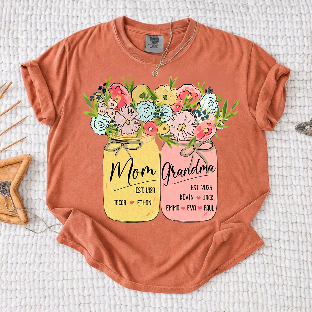 Personalized Mom Grandma Shirt Birth Flower Mason Jar Design Custom Nana Mimi Gigi Name Tee with Kids Names Meaningful Family Keepsake Gift for Women