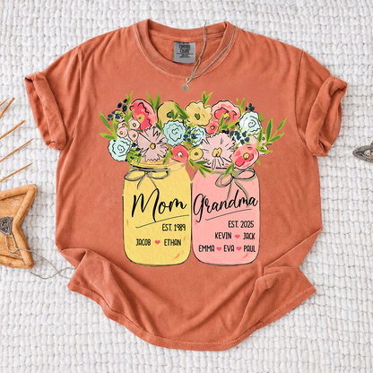 Personalized Mom Grandma Shirt Birth Flower Mason Jar Design Custom Nana Mimi Gigi Name Tee with Kids Names Meaningful Family Keepsake Gift for Women