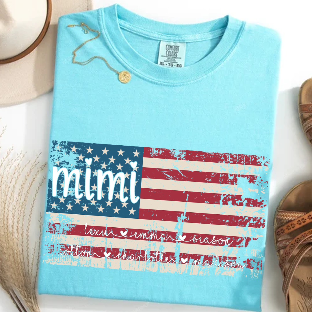 Comfort Colors Personalized Mimi American Flag Shirt With Grandkids Names, Custom Patriotic Mimi Shirt for Family, Meaningful USA Flag Design Apparel for Women and Grandma