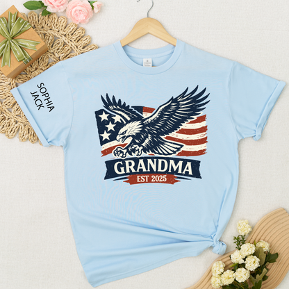 Personalized Grandma Shirt Patriotic Eagle and American Flag Design Custom Mimi Nana Gigi Name Tee EST. 2025 Family Gift for Her