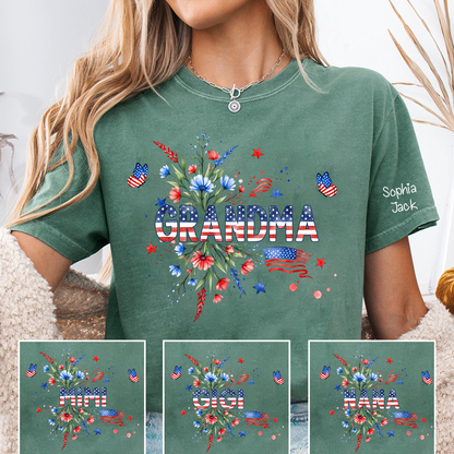 Patriotic Grandma Shirt, American Flag Floral Grandma T-Shirt, Custom Mimi Gigi Nana Tee, 4th of July Grandma Gift, Mother's Day Apparel