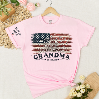 Personalized Grandma Est 2025 Shirt, Custom Nana Mimi Gigi Grandma Tee With Kids Names On Sleeve, Patriotic Floral American Flag Shirt Family Grandkids Gift U.S. 250th Anniversary Apparel