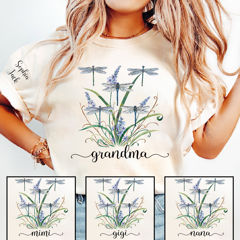 Personalized Grandma Shirt Dragonfly Floral Graphic Custom Grandkids Names Women Family Love Mimi Nana Gigi Mama Casual Short Sleeve T Shirt