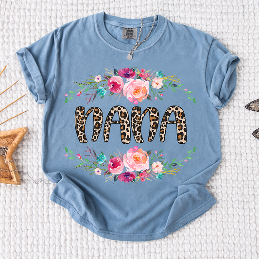 Comfort Colors Floral Leopard Nana Shirt, Personalized Floral Mama T-Shirt with Leopard Print, Gift For Mother's Day, Grandmother Apparel, Cute Floral Tee