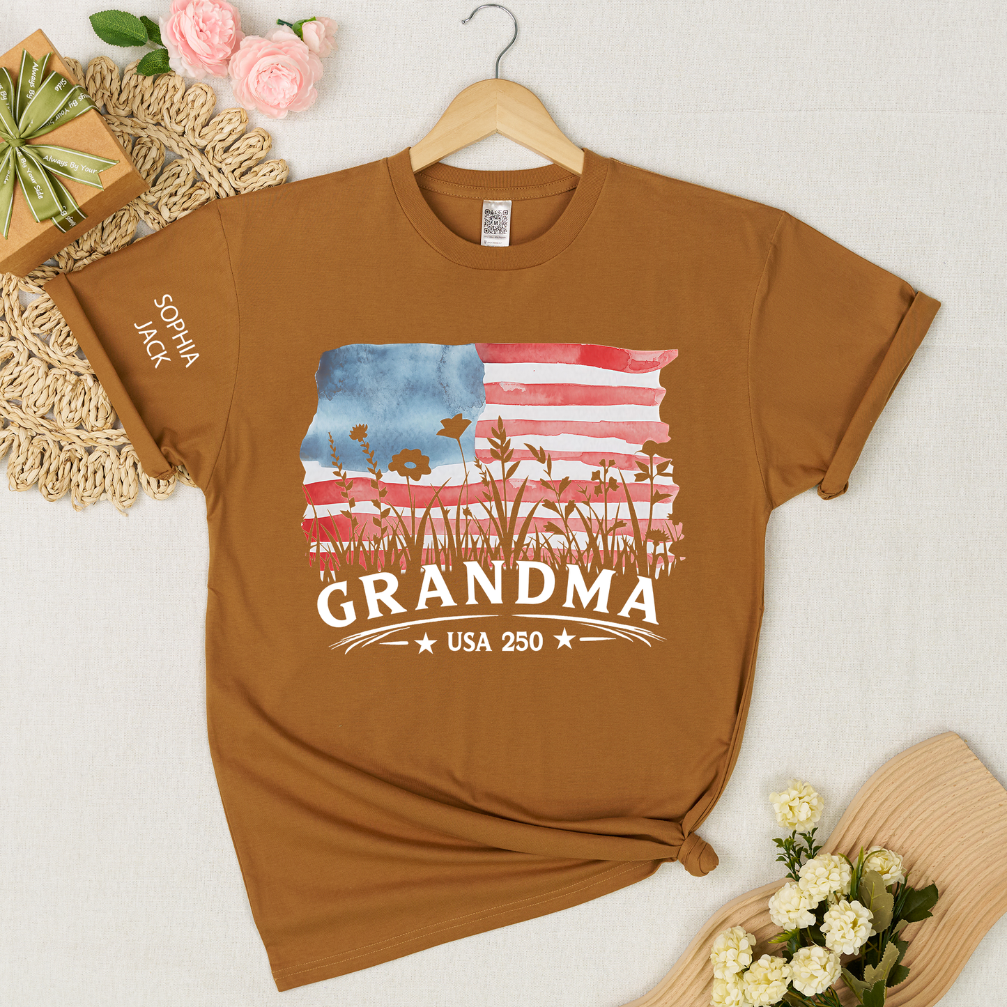 Personalized Grandma Shirt Patriotic USA Flag Wildflower Design Custom Nana Mimi Gigi Name Tee U.S. 250th Anniversary 4th of July Family Outfit
