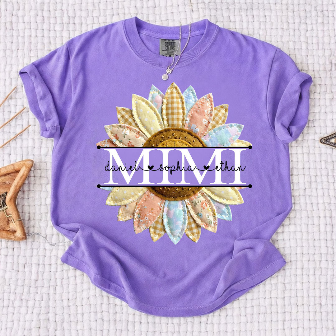 Comfort Colors Personalized Mimi Sunflower Patchwork Shirt Custom Grandma Nickname Tee With Grandkids Names Nana Gigi Grandma Floral Sunflower Design Family Gift Mothers Day Grandma Apparel