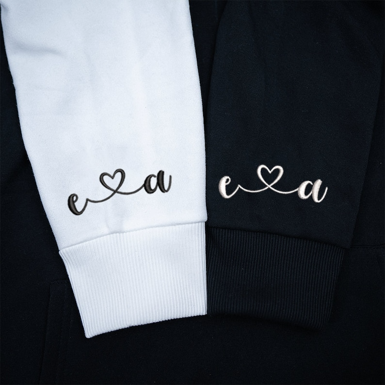 Custom Embroidered Numeral Hoodie, Custom Embroidered Initial Heart Couple Shirt Initial On Sleeve, Personalized Couples Matching Sweatshirt