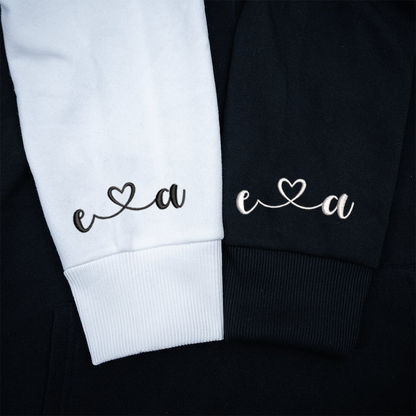Custom Embroidered Numeral Hoodie, Custom Embroidered Initial Heart Couple Shirt Initial On Sleeve, Personalized Couples Matching Sweatshirt