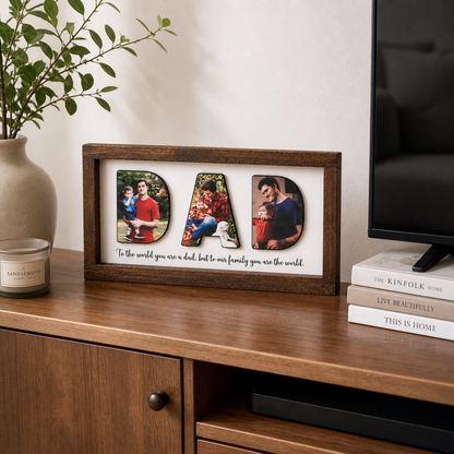 Personalized Dad Photo Wood Sign, Custom Picture Collage Gift for Father, Wooden Desk Decor with Family Photos