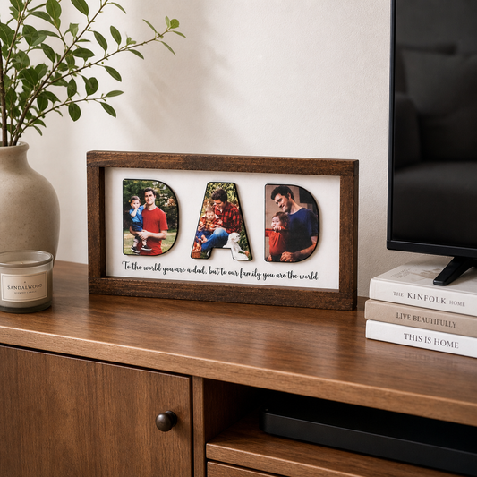 Personalized Dad Photo Wood Sign, Custom Picture Collage Gift for Father, Wooden Desk Decor with Family Photos