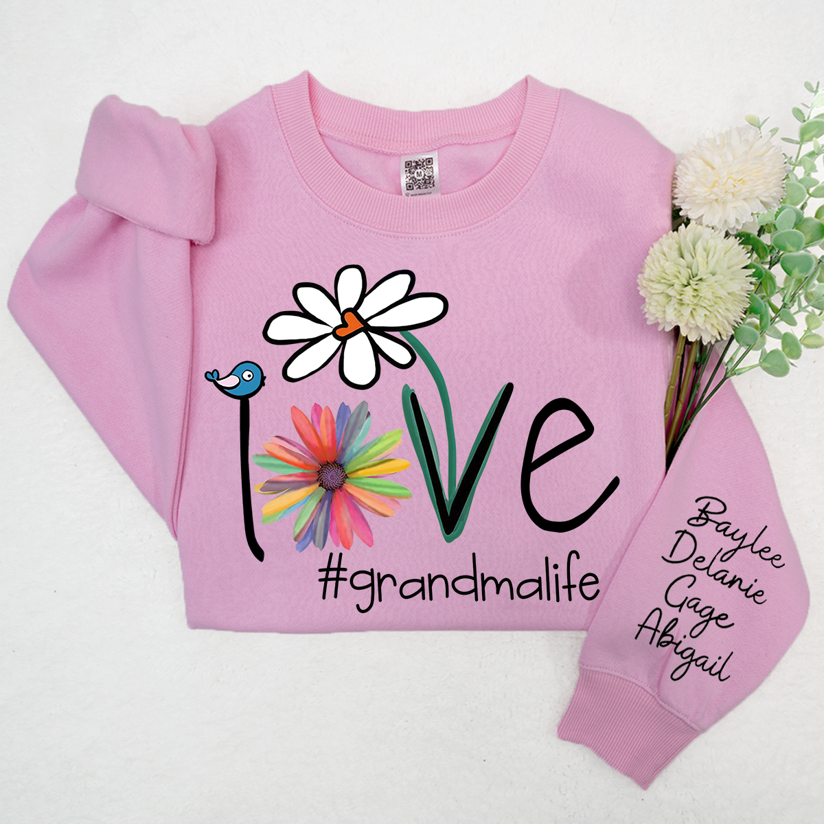 Flower Love Grandma Life Sweatshirt, Custom Nickname And Grandkids Xmas Sweatshirt