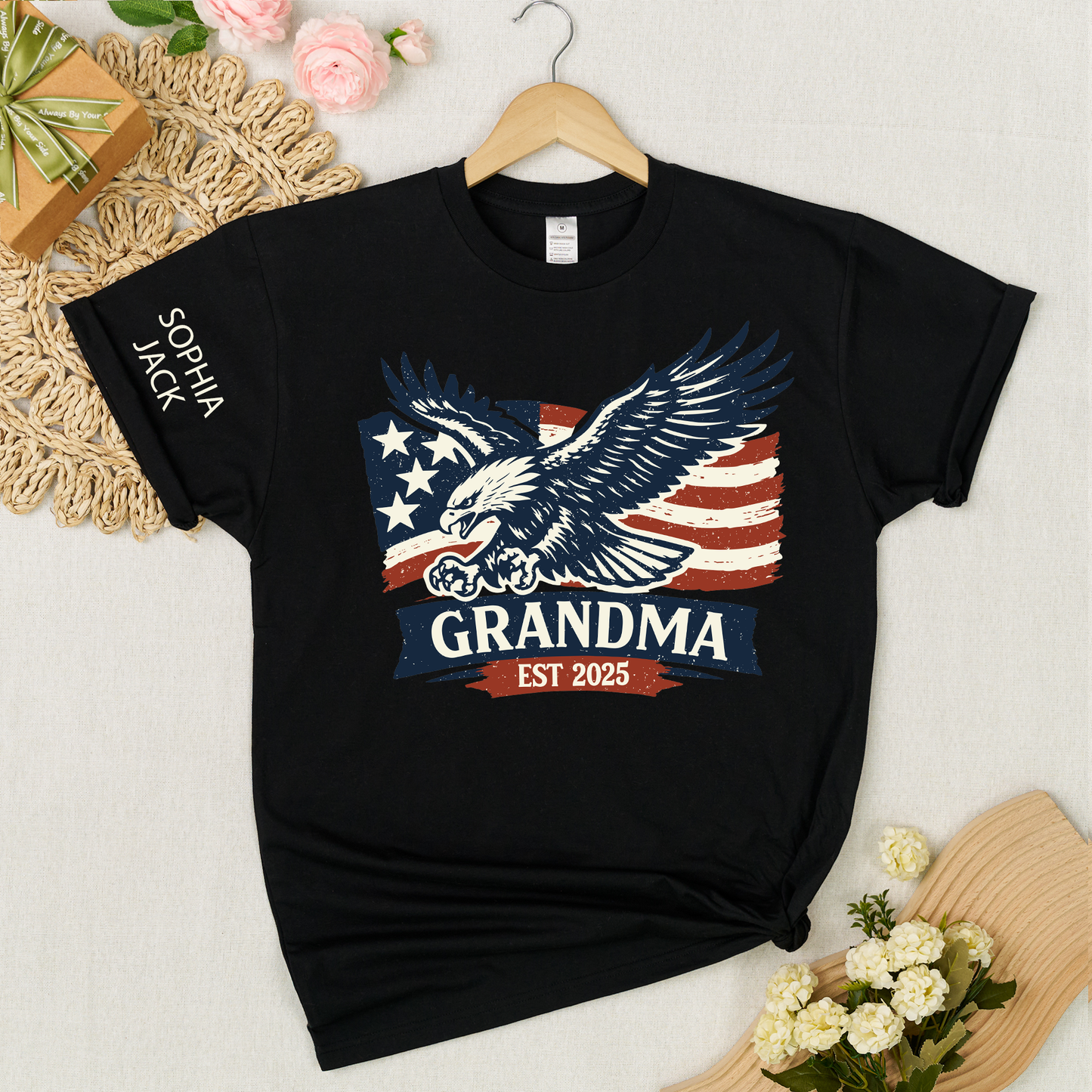Personalized Grandma Shirt Patriotic Eagle and American Flag Design Custom Mimi Nana Gigi Name Tee EST. 2025 Family Gift for Her