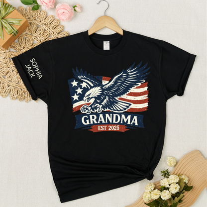 Personalized Grandma Shirt Patriotic Eagle and American Flag Design Custom Mimi Nana Gigi Name Tee EST. 2025 Family Gift for Her