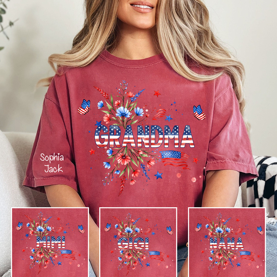 Patriotic Grandma Shirt, American Flag Floral Grandma T-Shirt, Custom Mimi Gigi Nana Tee, 4th of July Grandma Gift, Mother's Day Apparel