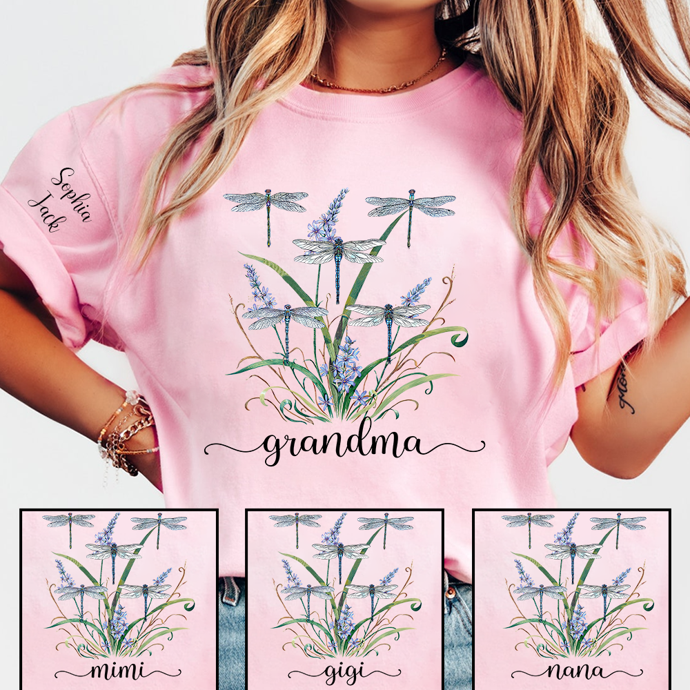 Personalized Grandma Shirt Dragonfly Floral Graphic Custom Grandkids Names Women Family Love Mimi Nana Gigi Mama Casual Short Sleeve T Shirt