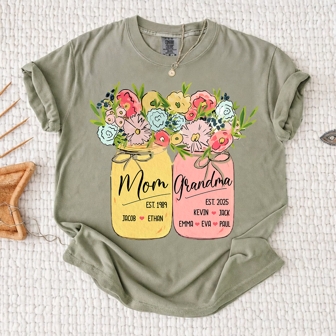 Personalized Mom Grandma Shirt Birth Flower Mason Jar Design Custom Nana Mimi Gigi Name Tee with Kids Names Meaningful Family Keepsake Gift for Women
