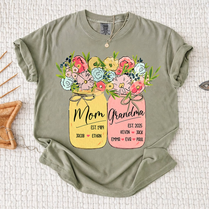 Personalized Mom Grandma Shirt Birth Flower Mason Jar Design Custom Nana Mimi Gigi Name Tee with Kids Names Meaningful Family Keepsake Gift for Women