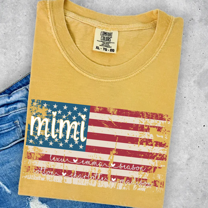 Comfort Colors Personalized Mimi American Flag Shirt With Grandkids Names, Custom Patriotic Mimi Shirt for Family, Meaningful USA Flag Design Apparel for Women and Grandma