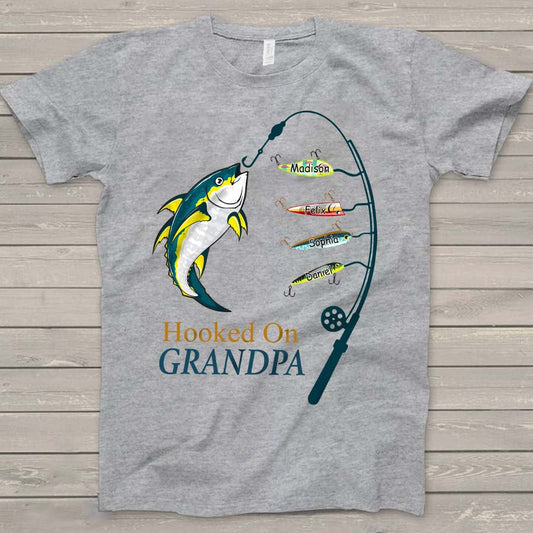 Personalized Hooked On Grandpa Shirt, Fishing Dad Shirt, Father's Day Shirt